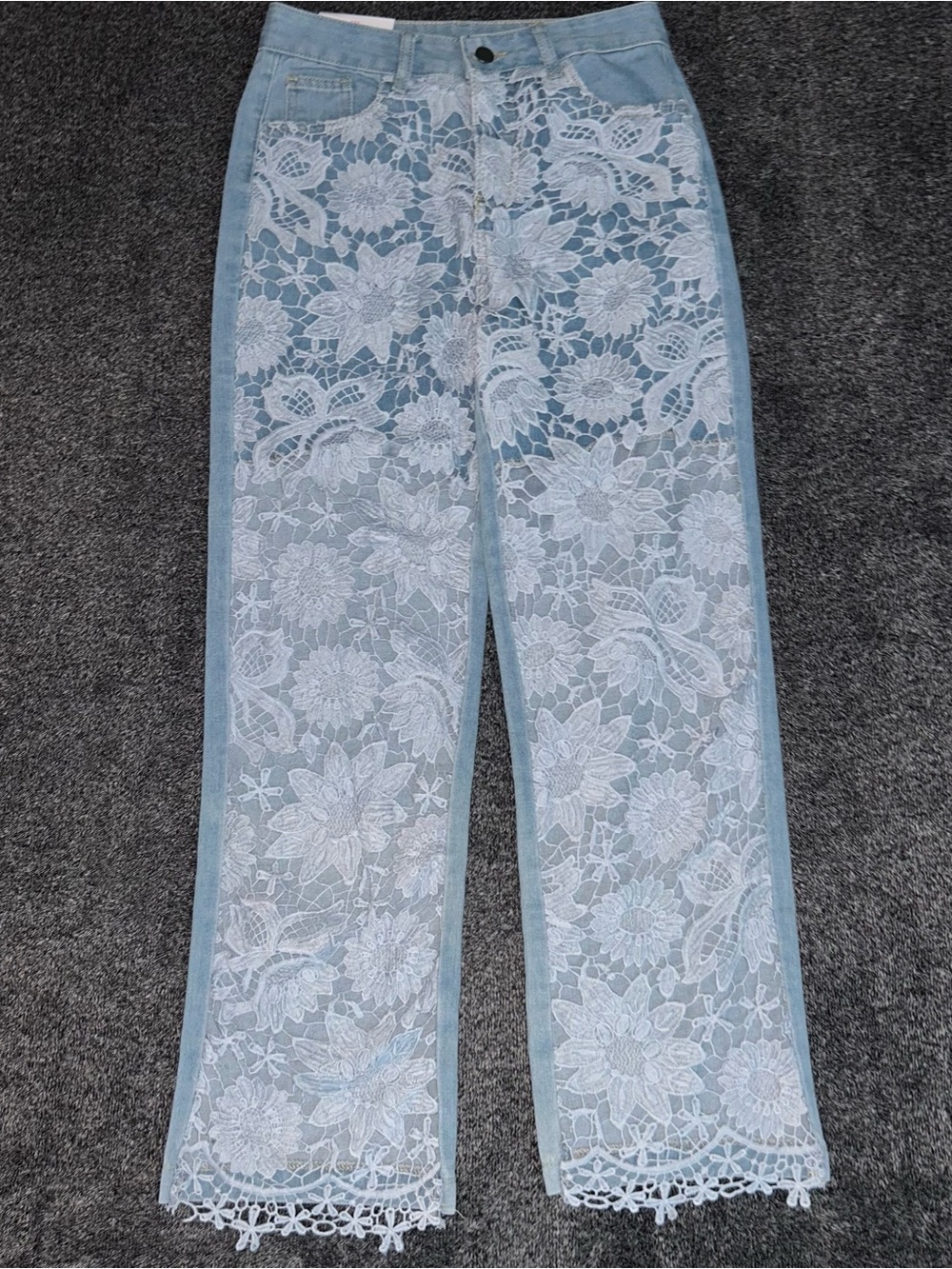 Light Blue Wide-Leg Lace Overlay Pants